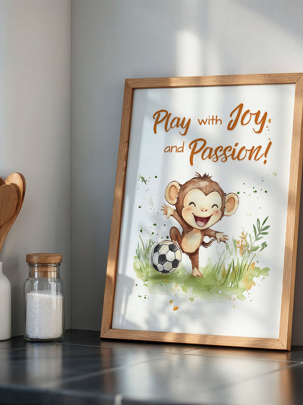 Spielender Affe mit Fußball – Aquarell-Illustration für Kinder