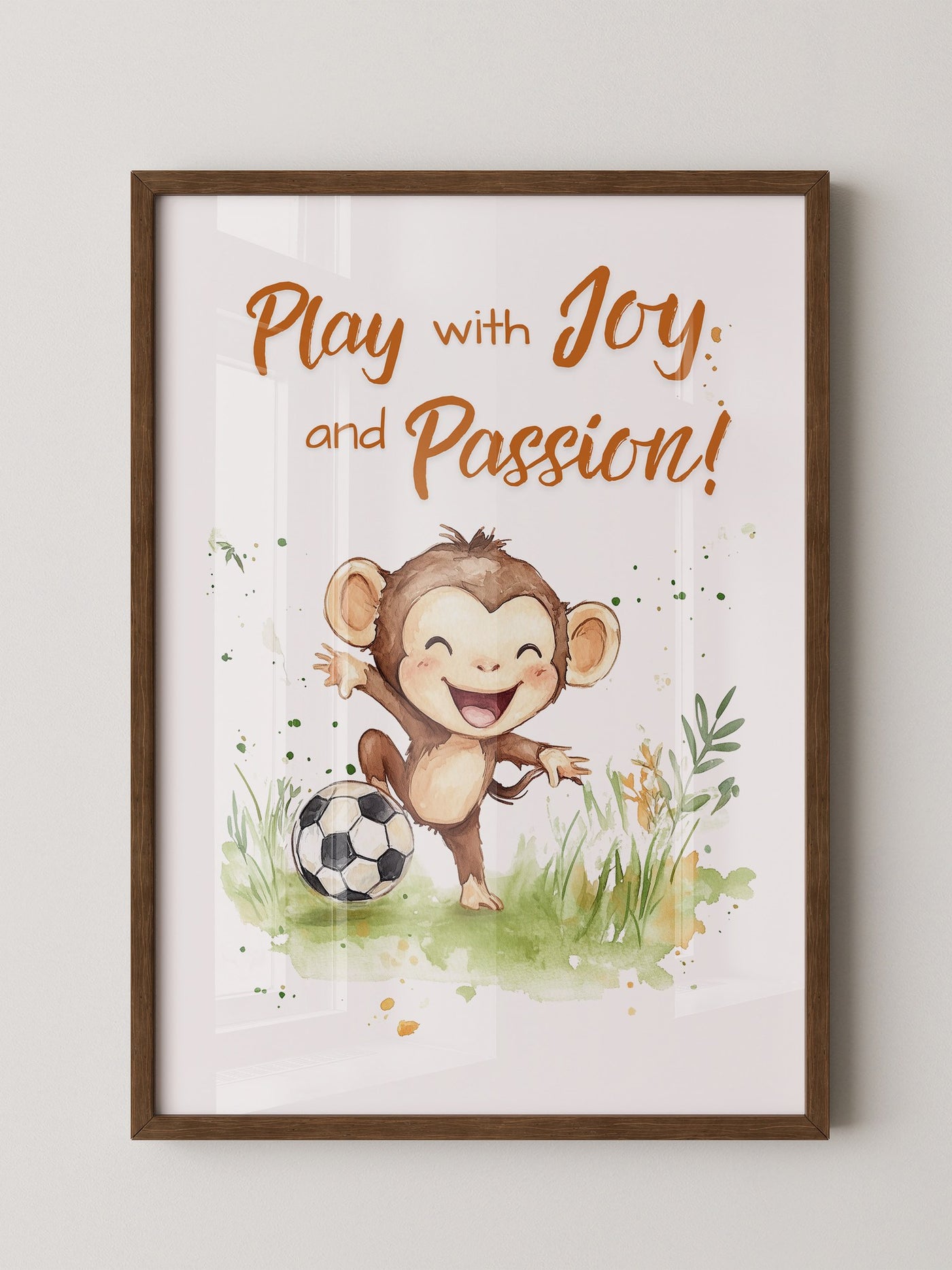 Spielender Affe mit Fußball – Aquarell-Illustration für Kinder