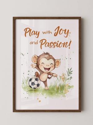 Spielender Affe mit Fußball – Aquarell-Illustration für Kinder