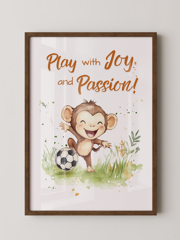 Spielender Affe mit Fußball – Aquarell-Illustration für Kinder