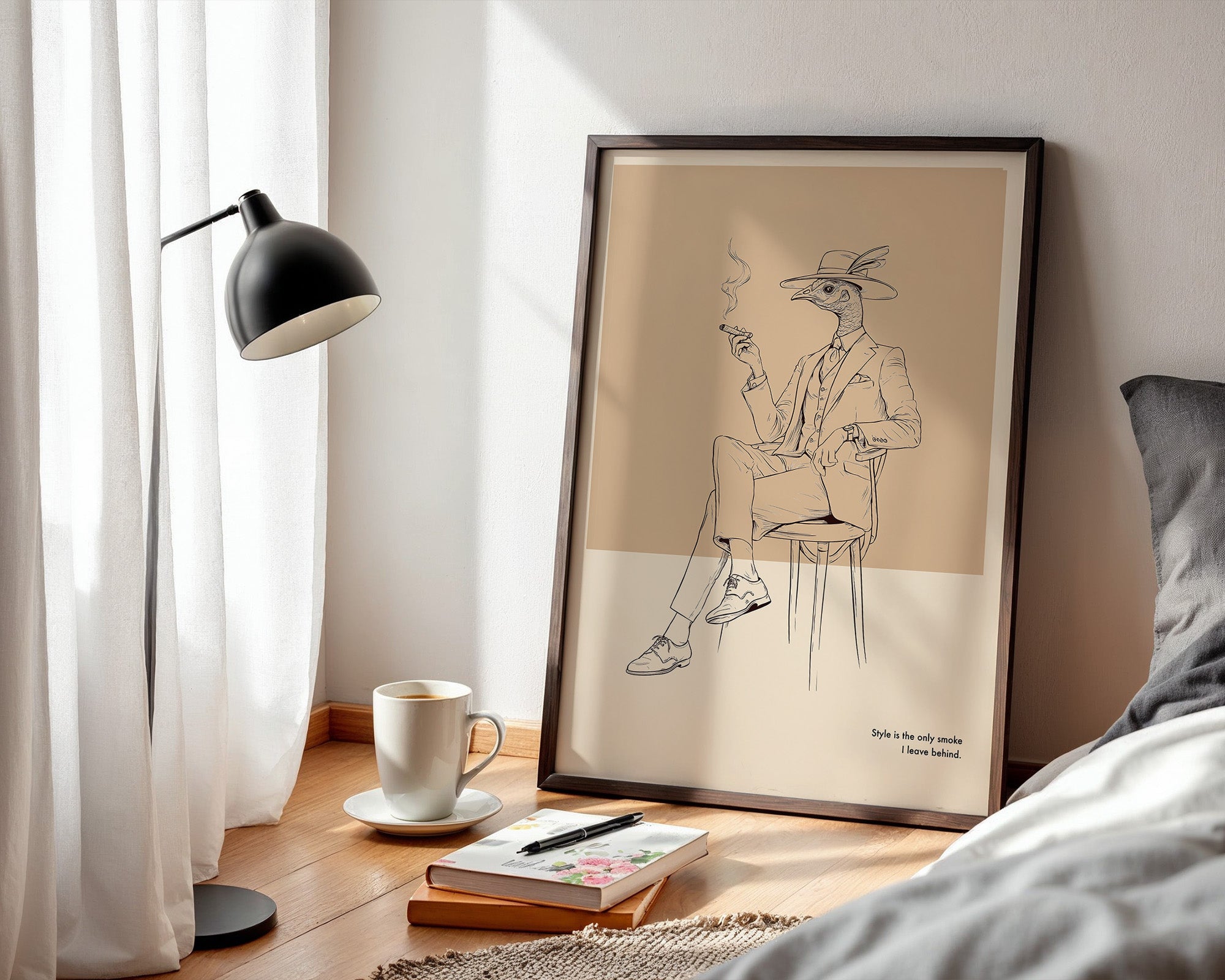 Vogel Gentleman Zigarrenrauch Skizze