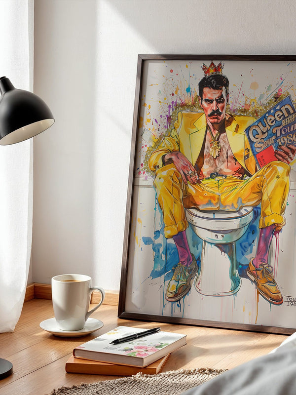 Mann gelber Anzug auf Toilette