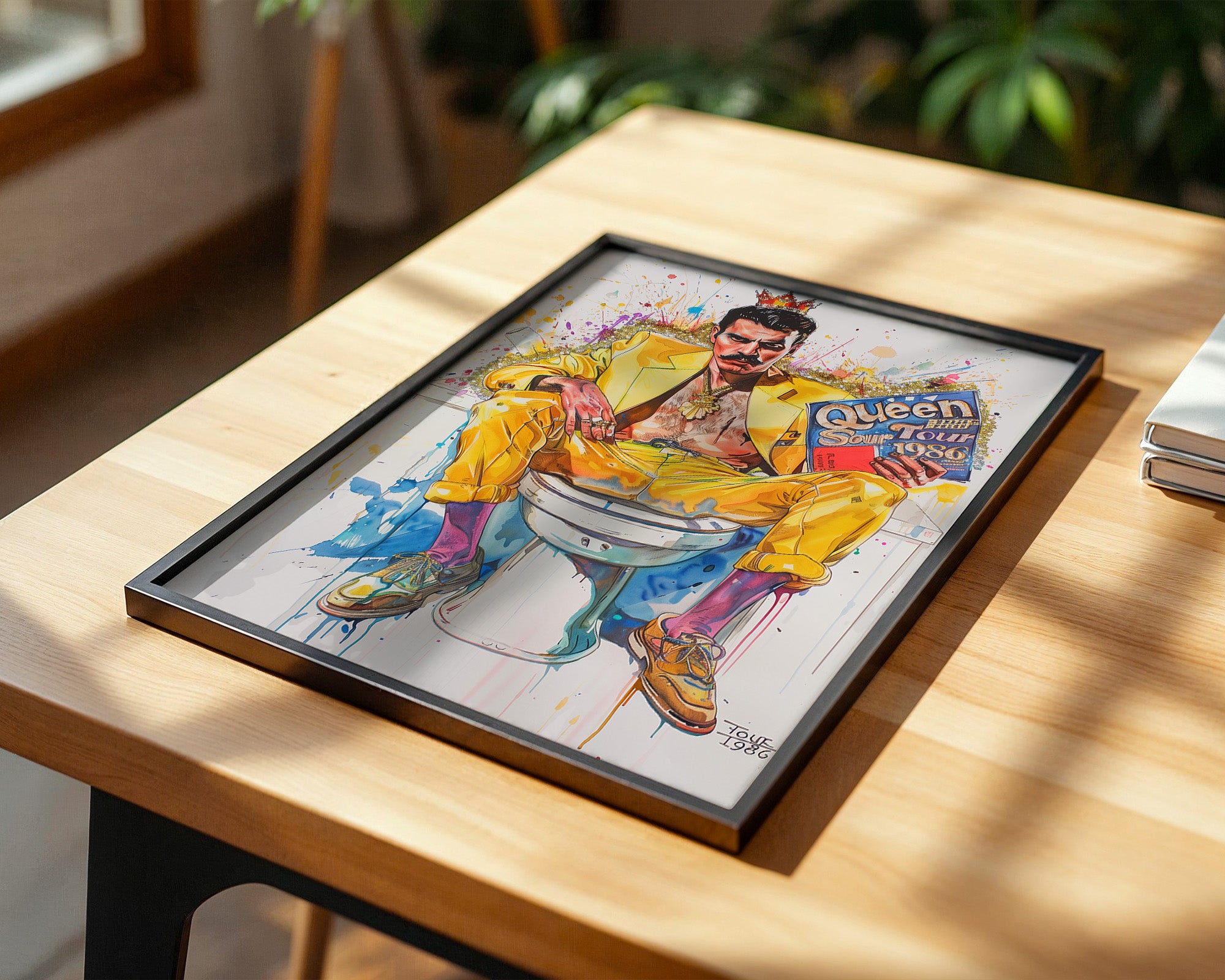 Mann gelber Anzug auf Toilette