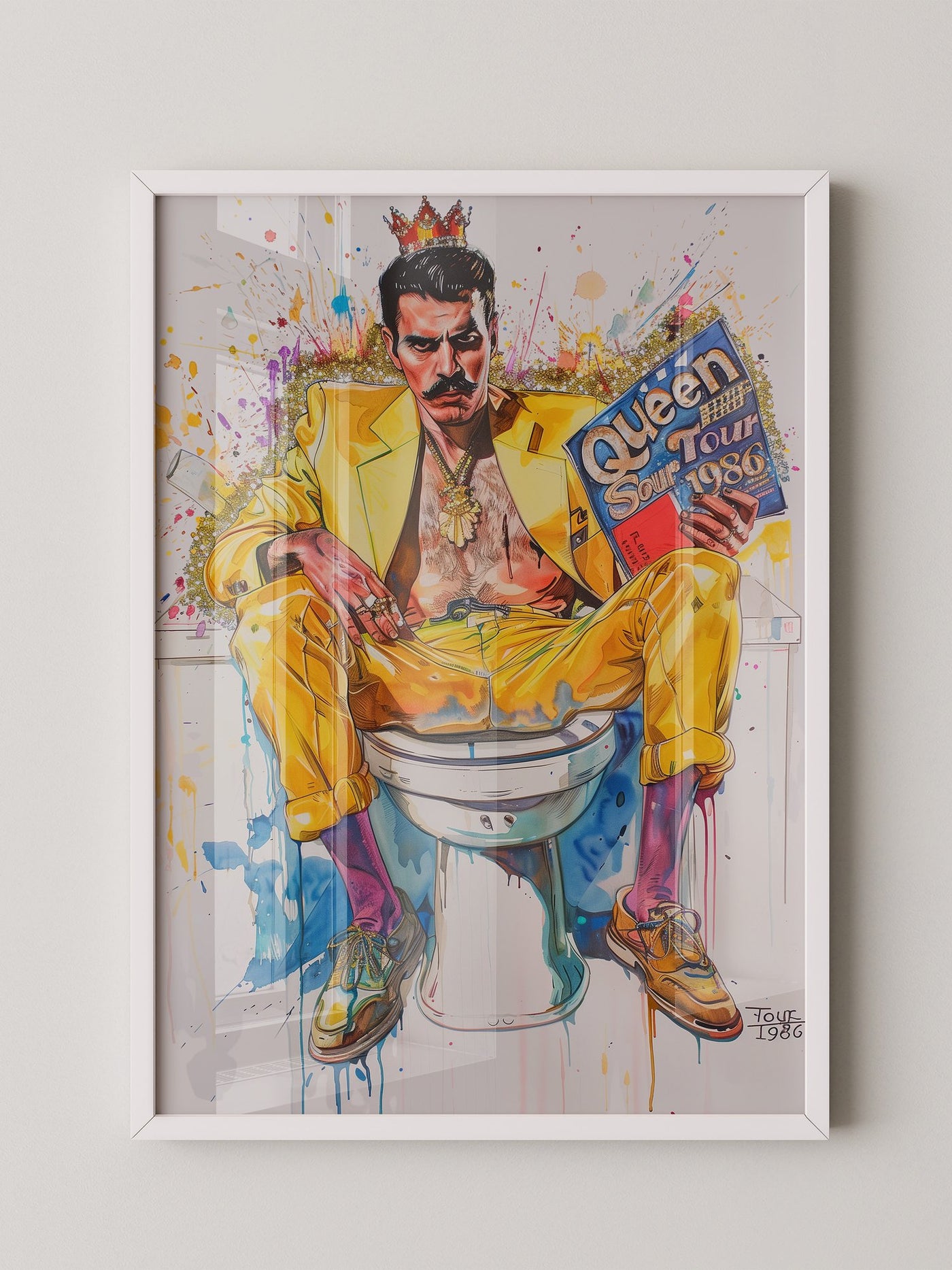 Mann gelber Anzug auf Toilette