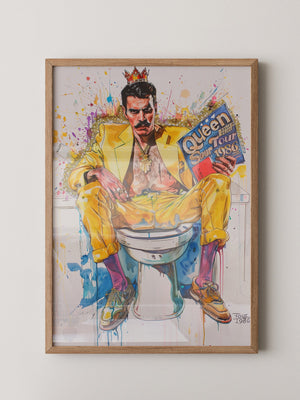 Mann gelber Anzug auf Toilette