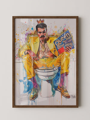 Mann gelber Anzug auf Toilette