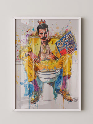 Mann gelber Anzug auf Toilette