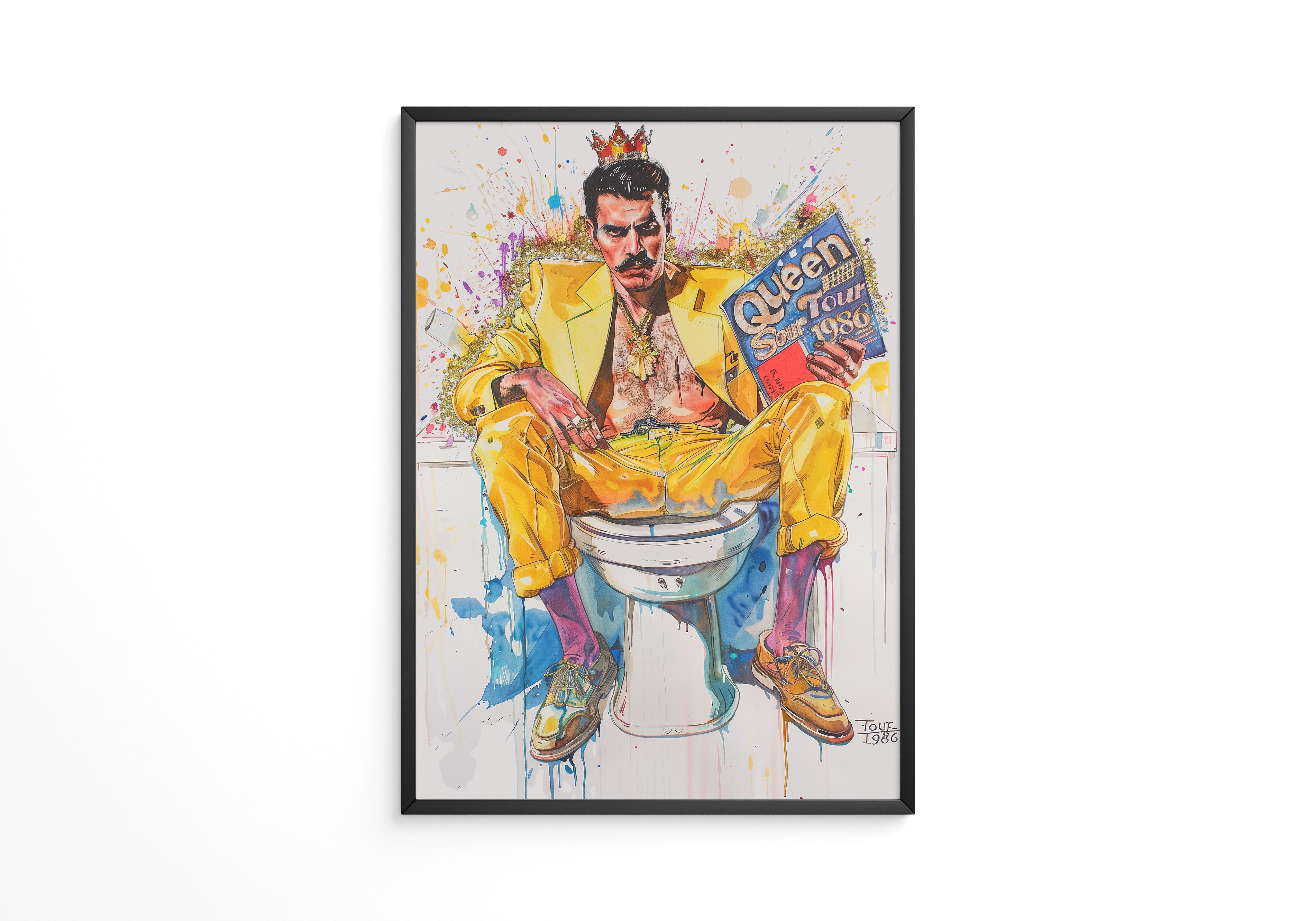 Mann gelber Anzug auf Toilette