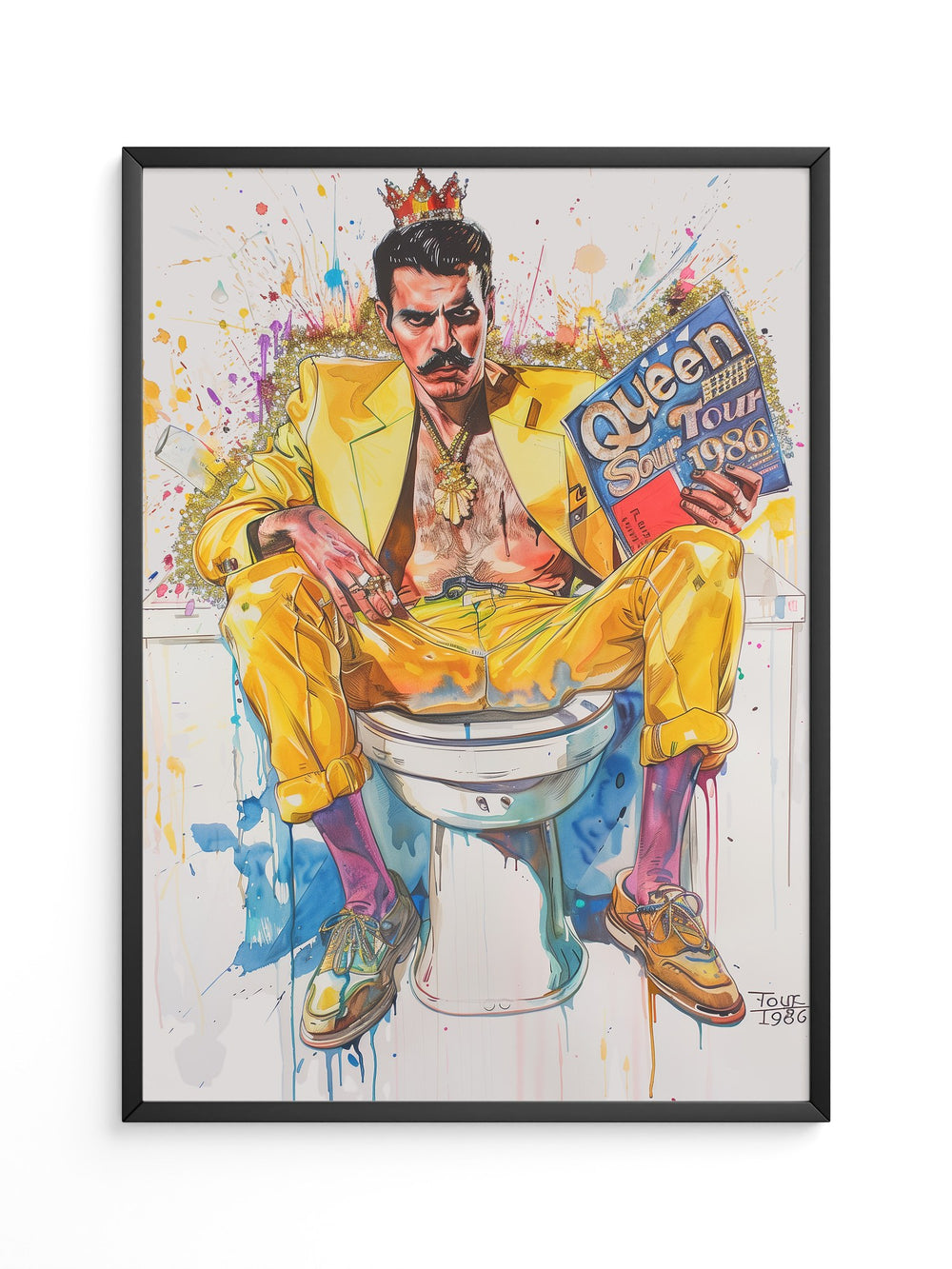 Mann gelber Anzug auf Toilette