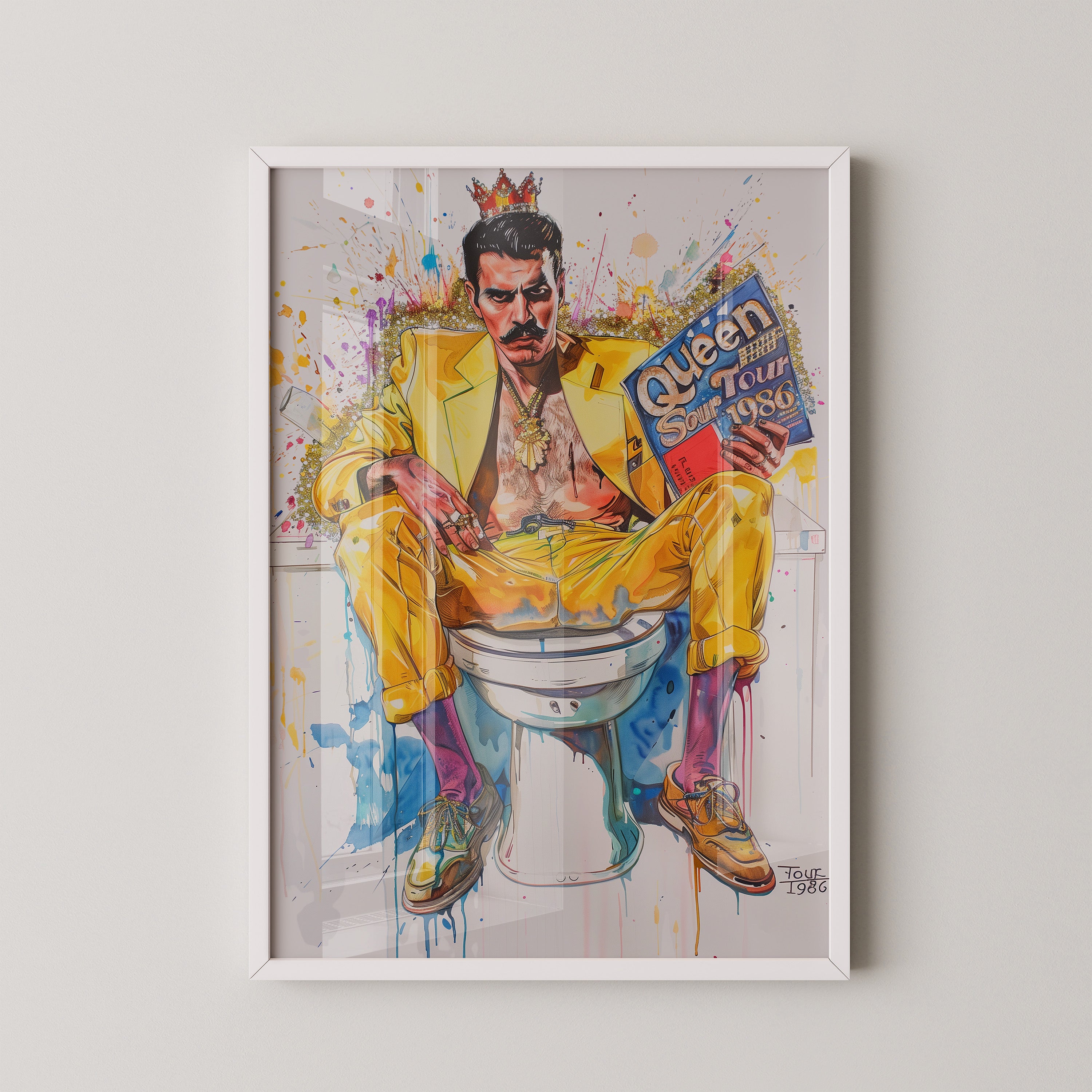 Mann gelber Anzug auf Toilette