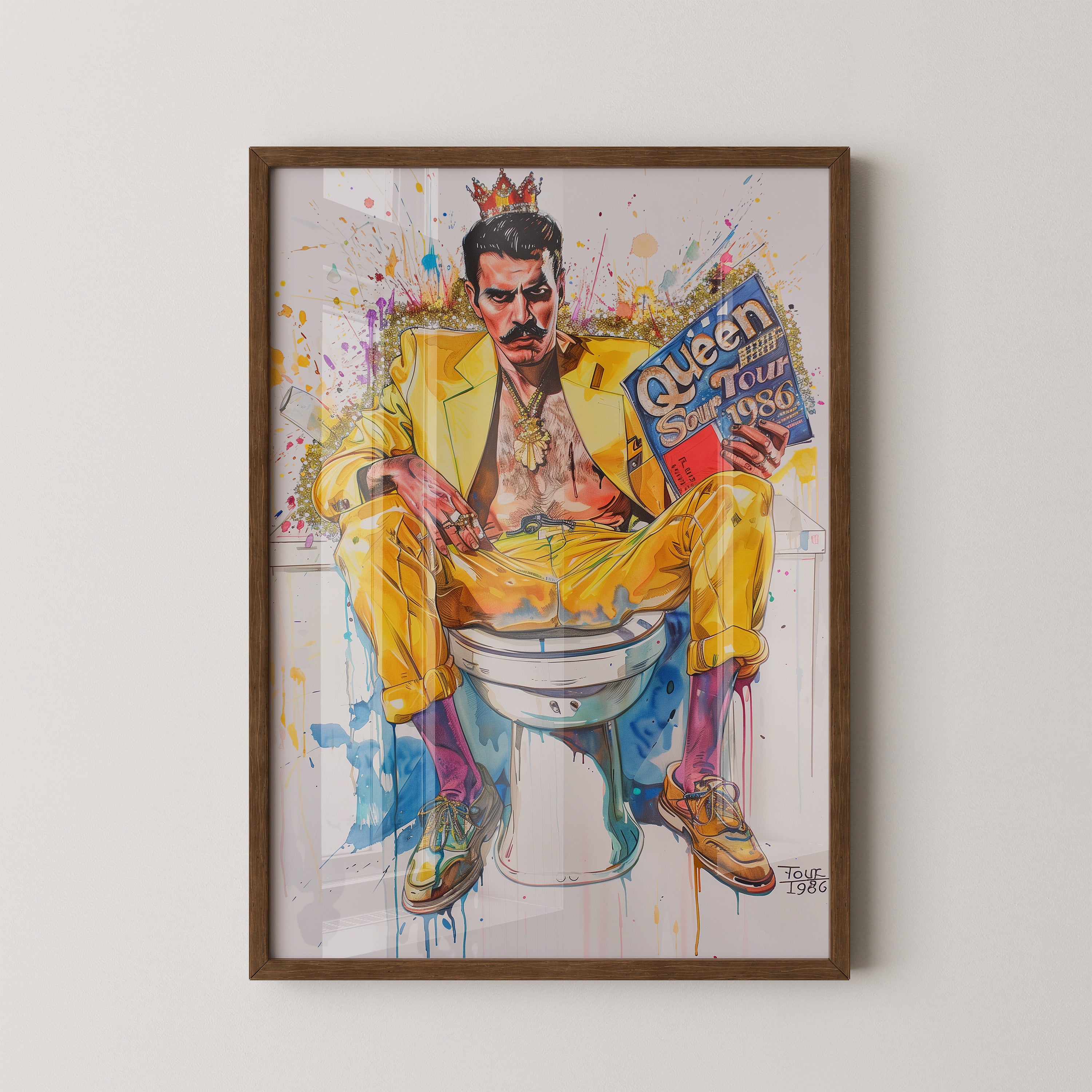 Mann gelber Anzug auf Toilette