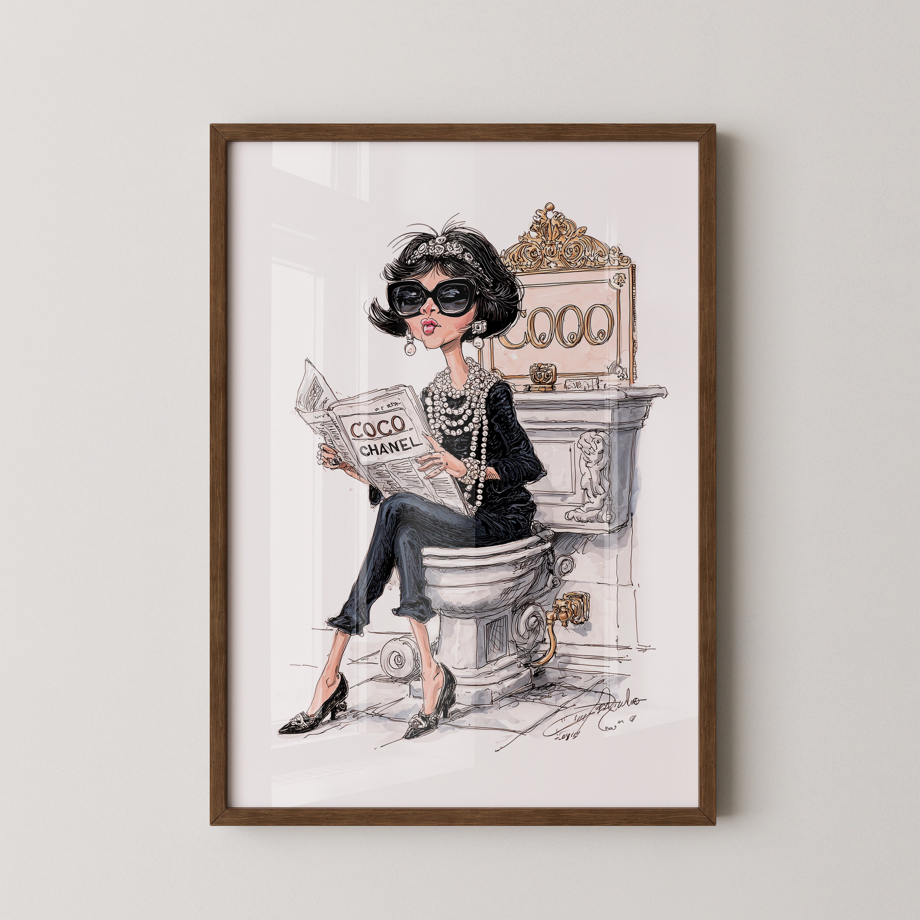 Chic Frau Toilette Karikatur