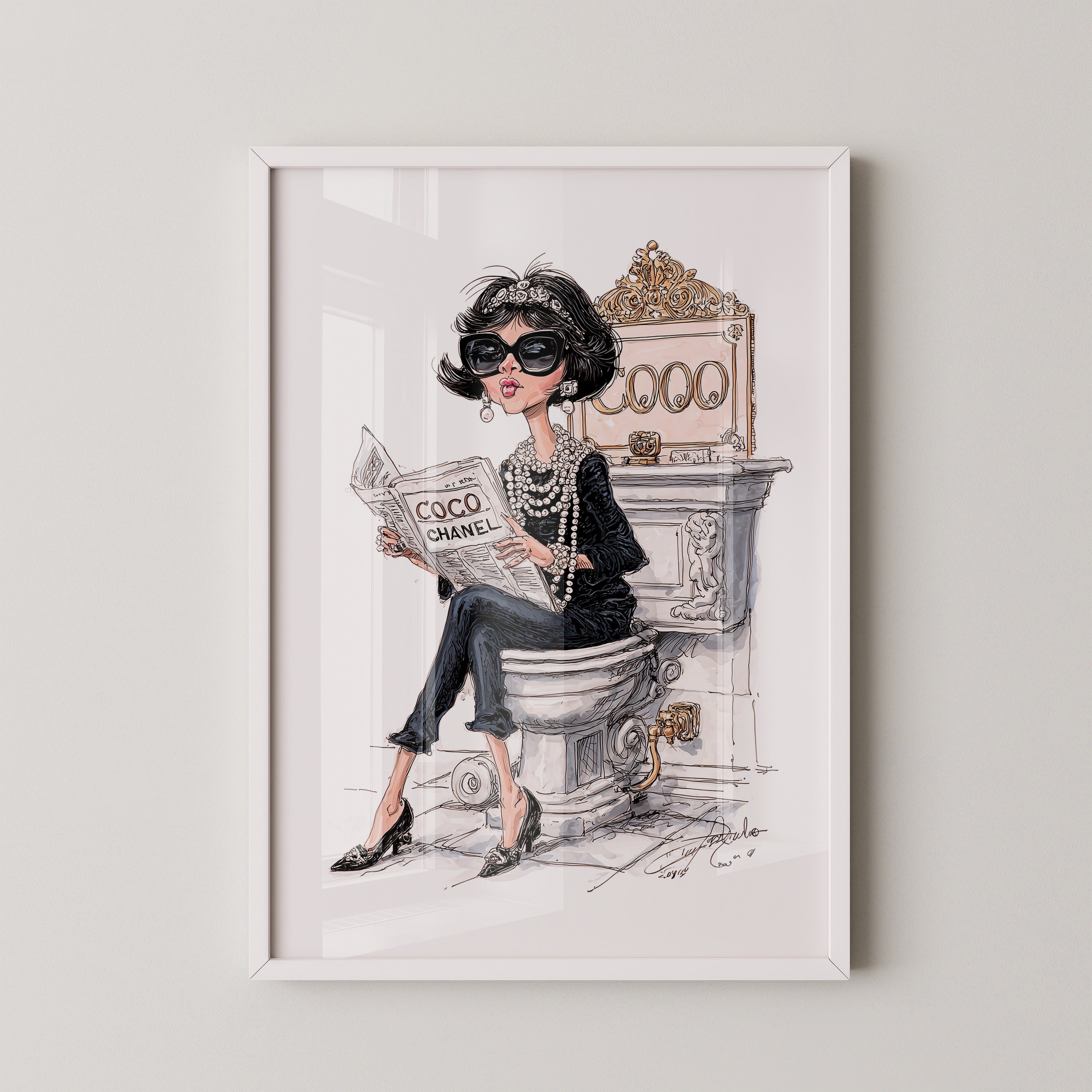 Chic Frau Toilette Karikatur