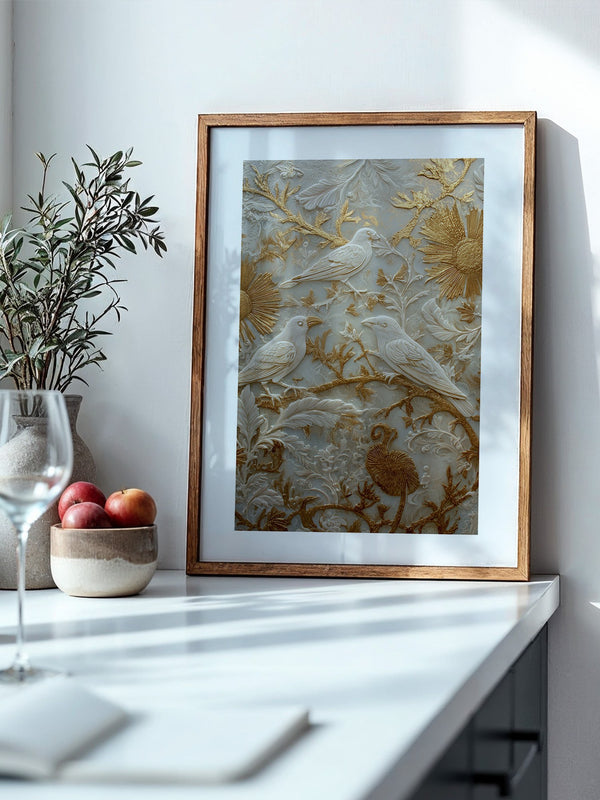 Vögel Relief Gold Weiß