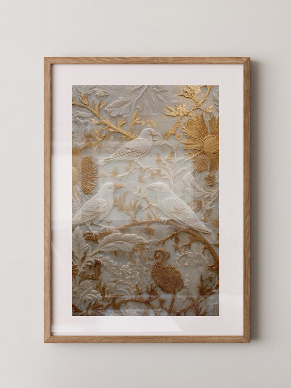 Vögel Relief Gold Weiß