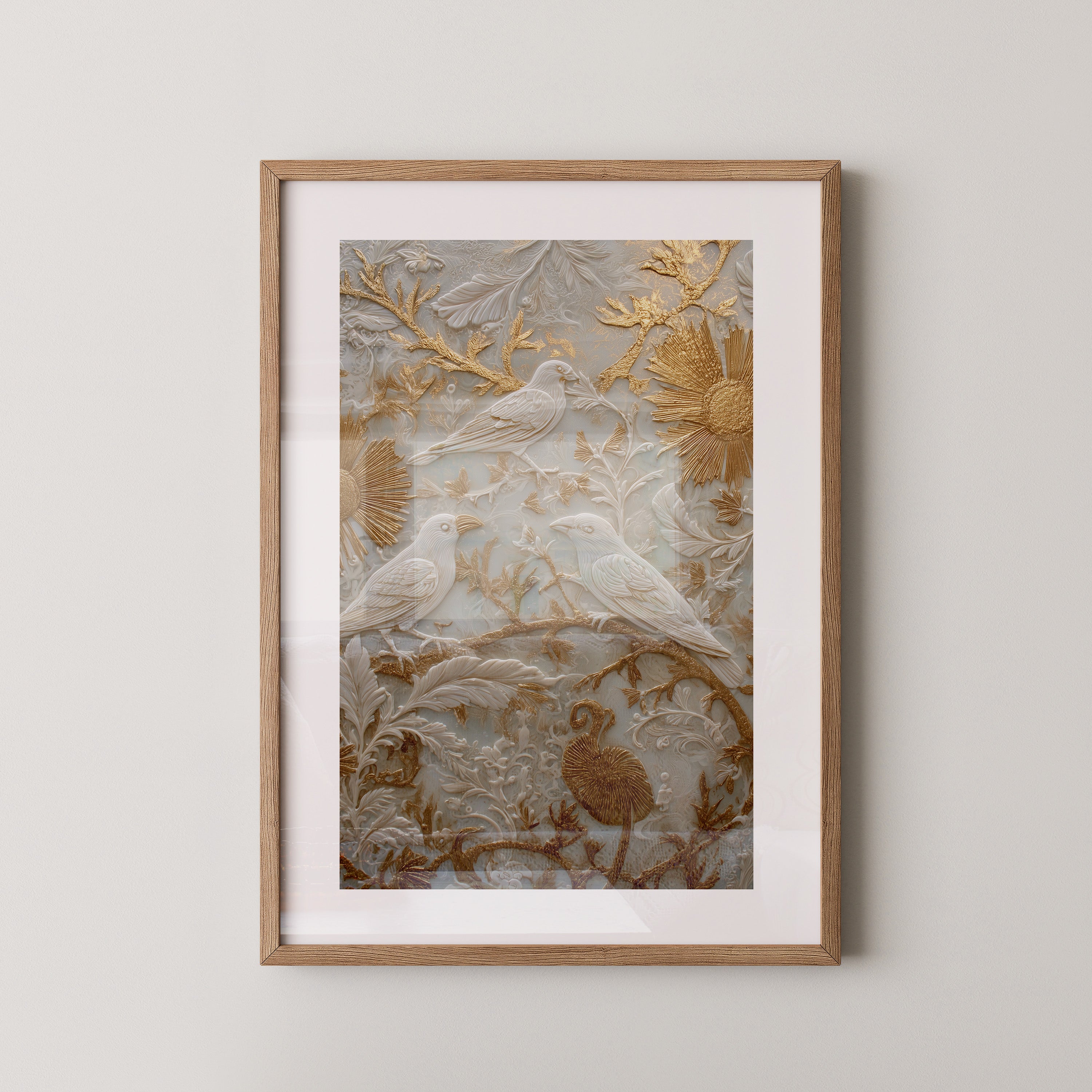 Vögel Relief Gold Weiß