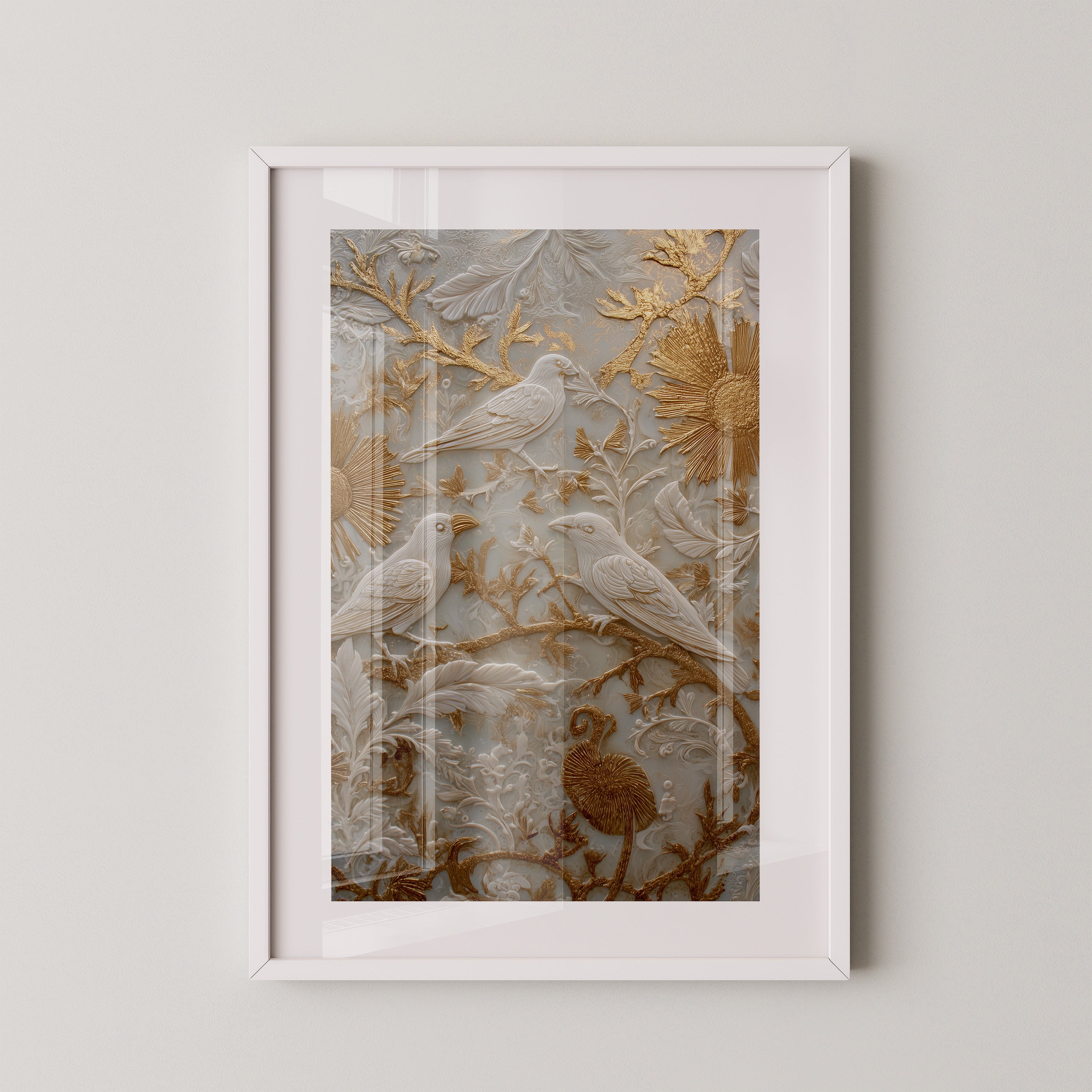 Vögel Relief Gold Weiß