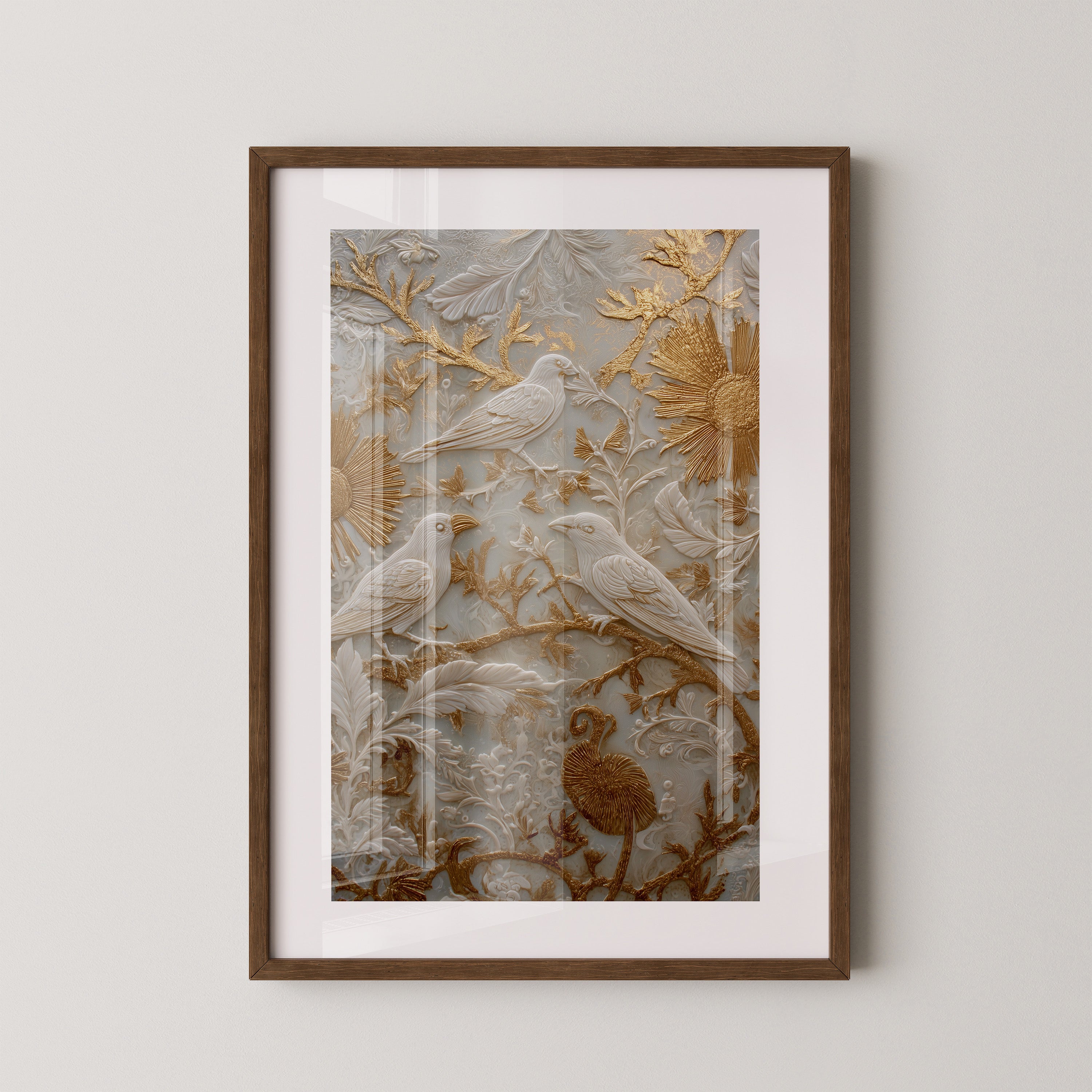 Vögel Relief Gold Weiß