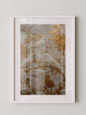 Vögel Relief Gold Weiß