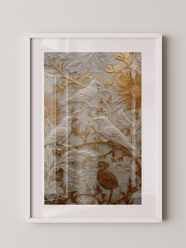 Vögel Relief Gold Weiß