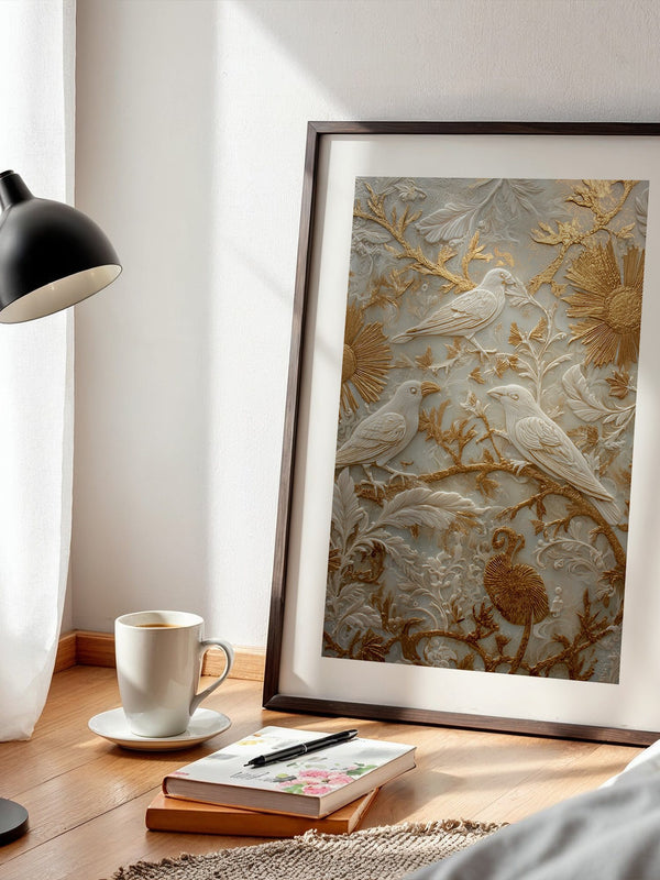 Vögel Relief Gold Weiß