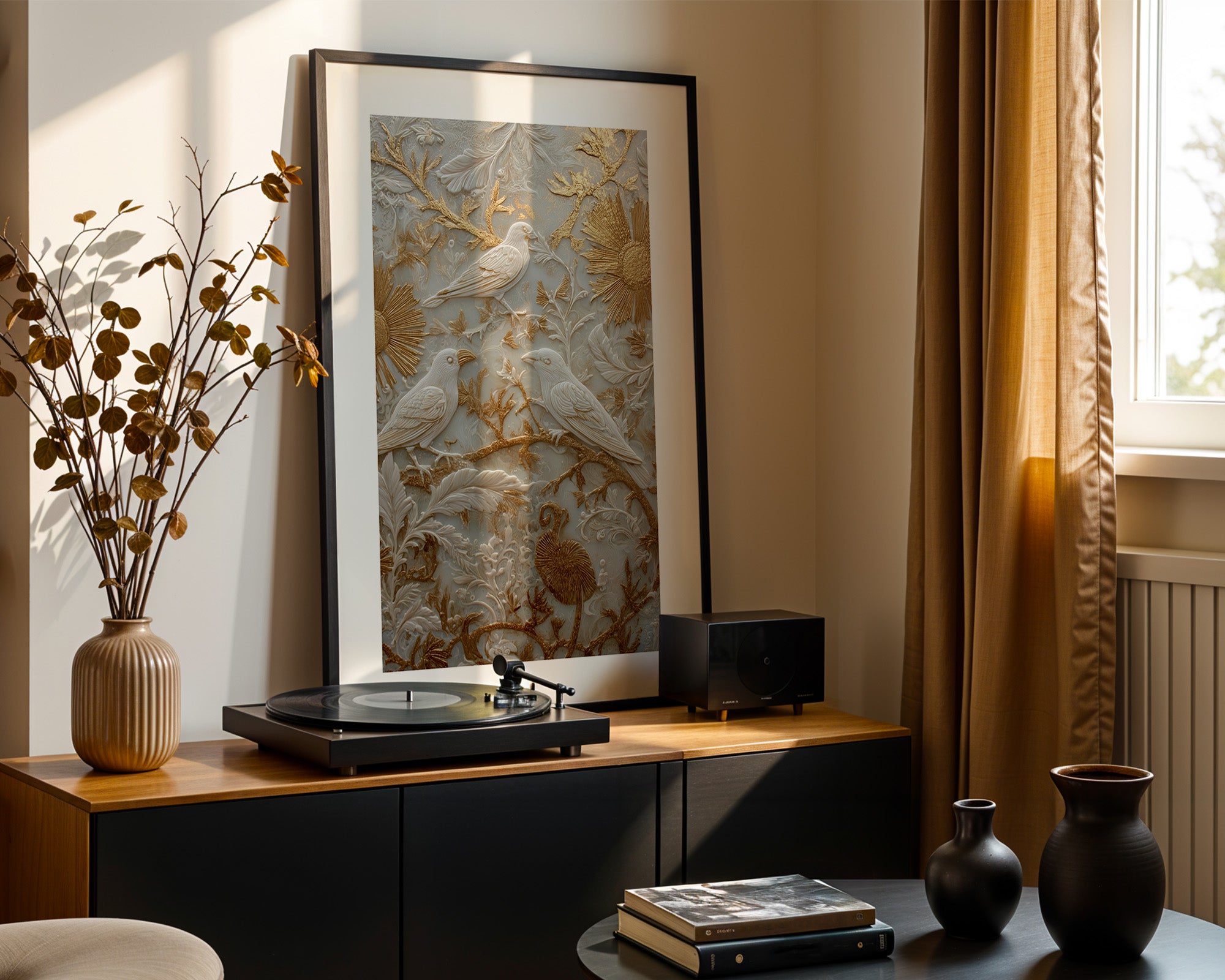 Vögel Relief Gold Weiß