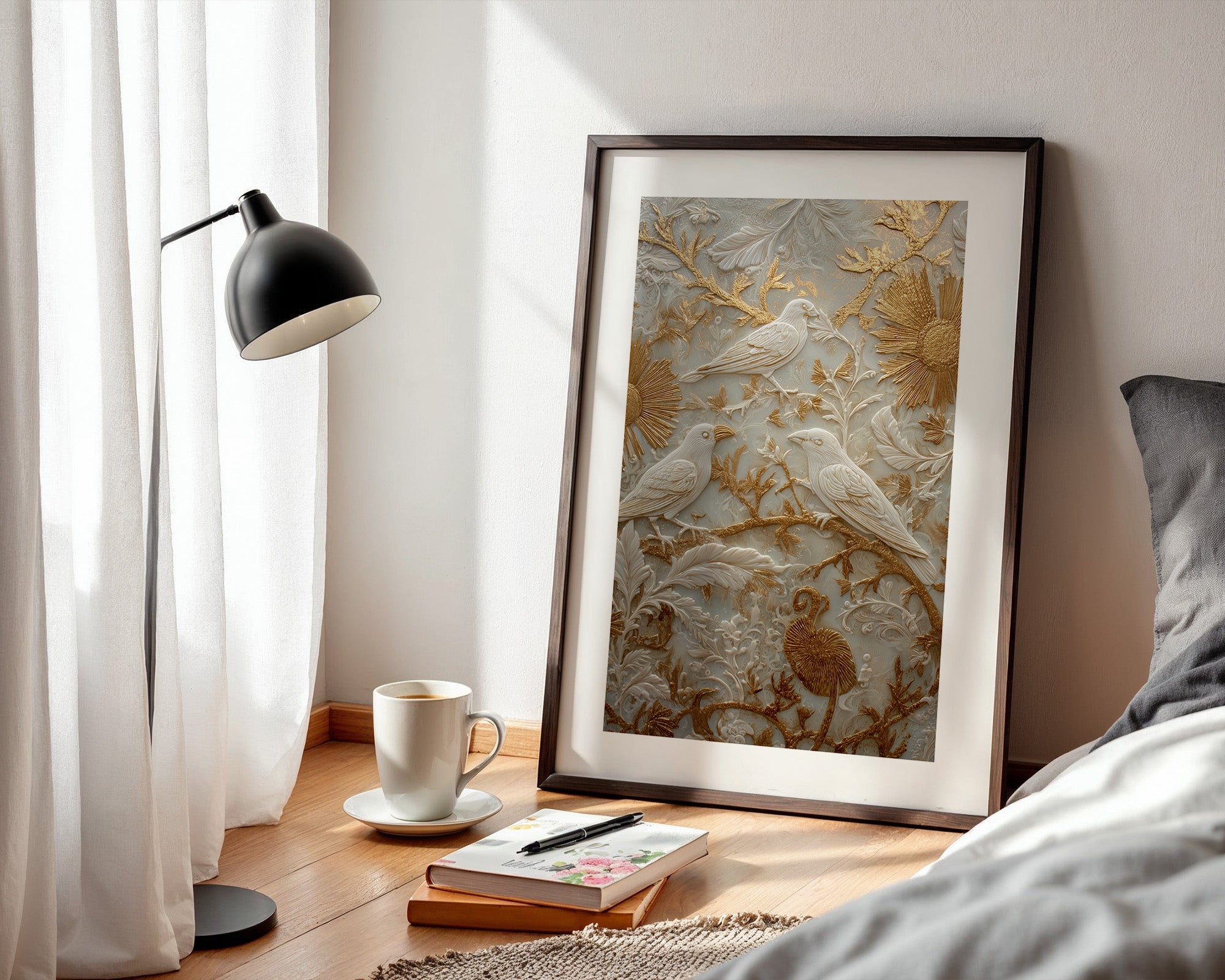 Vögel Relief Gold Weiß