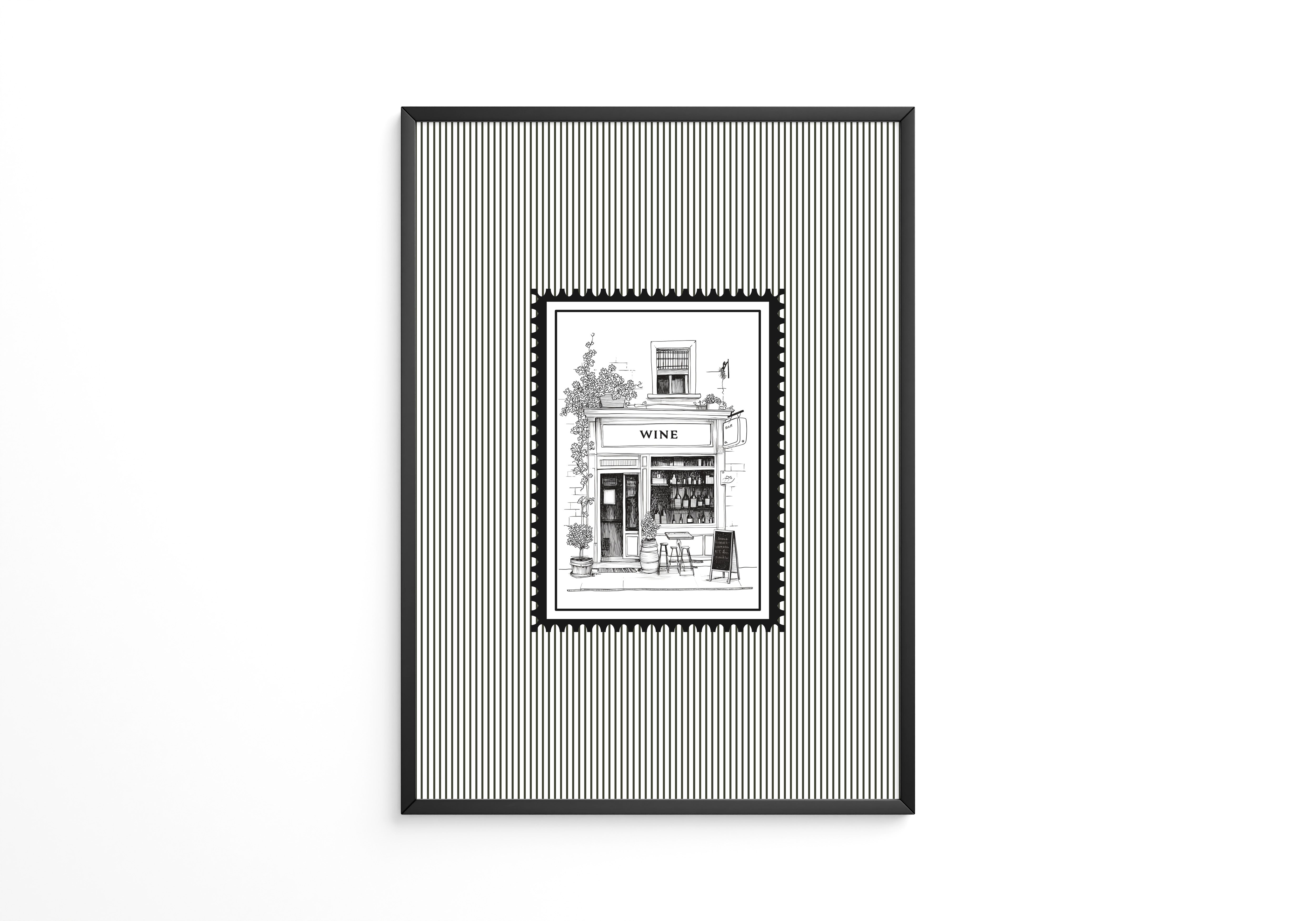 Weinladen Illustration Schwarzweiß