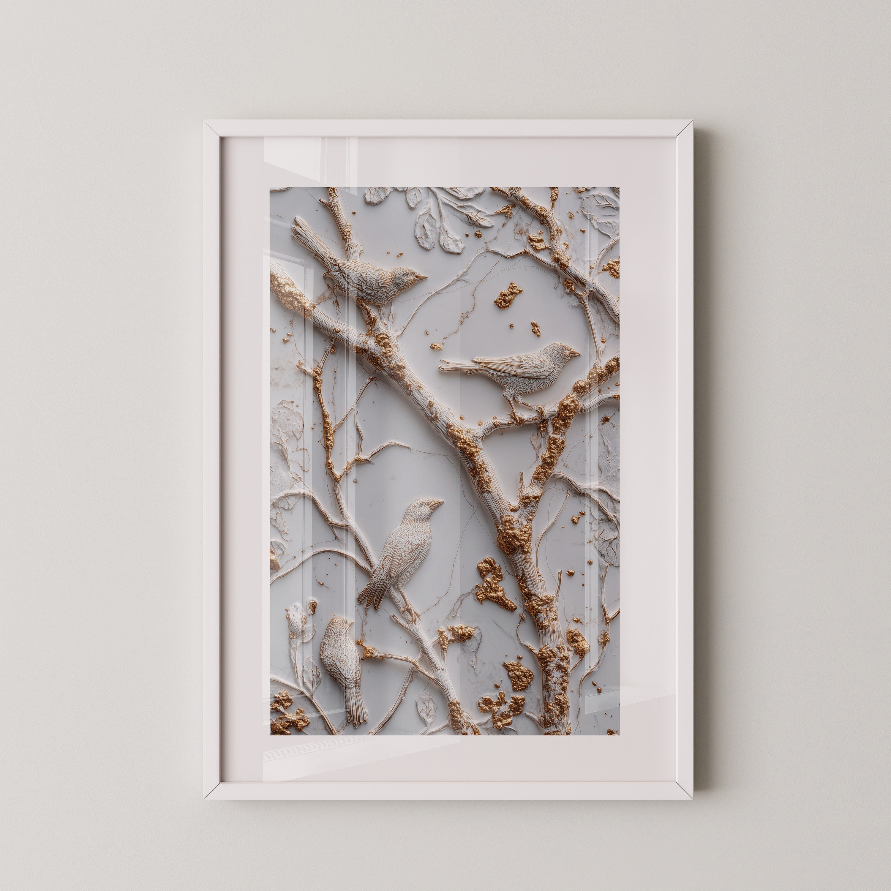 Vögel Äste Relief Goldakzente
