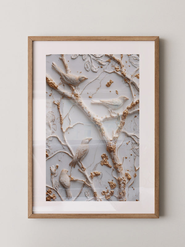 Vögel Äste Relief Goldakzente