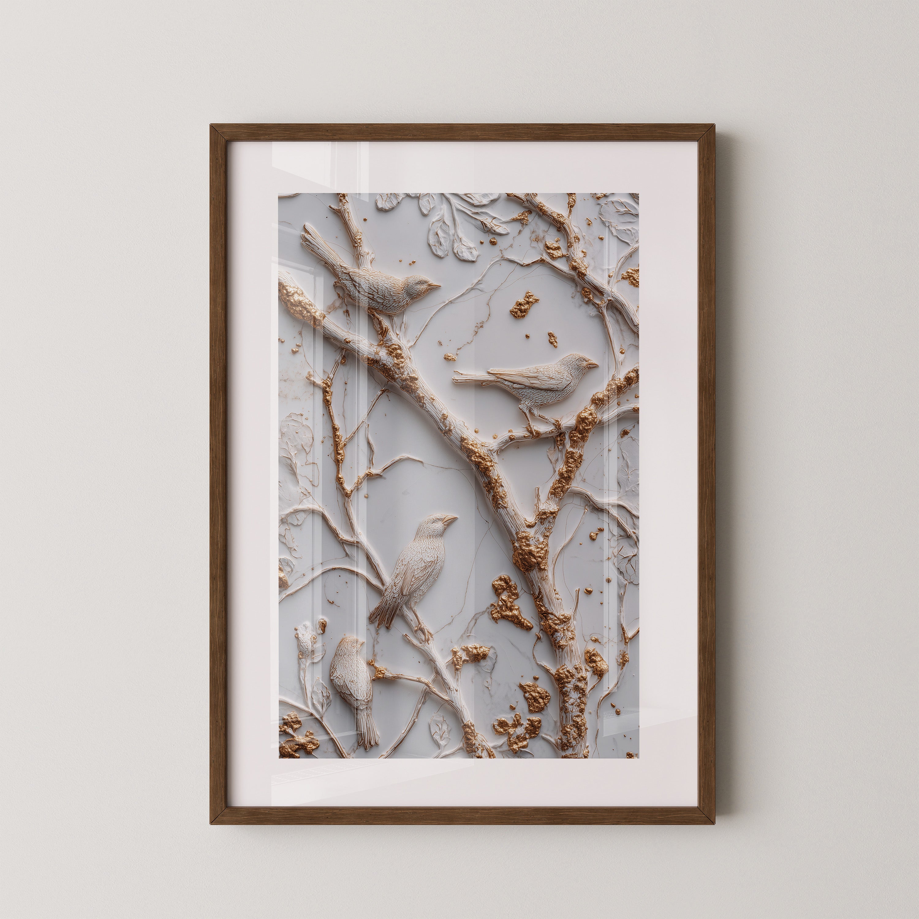 Vögel Äste Relief Goldakzente