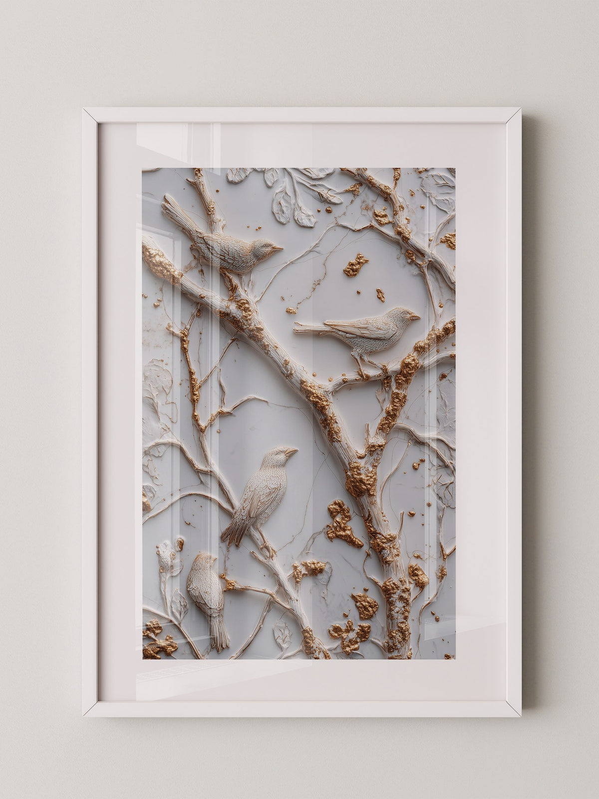 Vögel Äste Relief Goldakzente