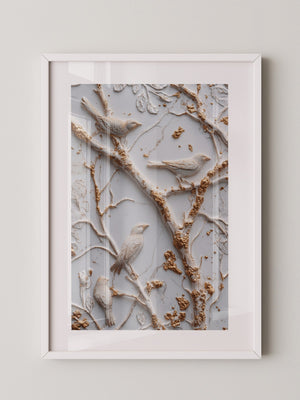 Vögel Äste Relief Goldakzente