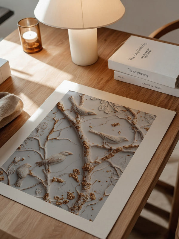Vögel Äste Relief Goldakzente