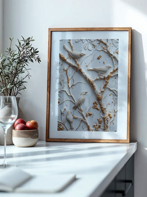 Vögel Äste Relief Goldakzente