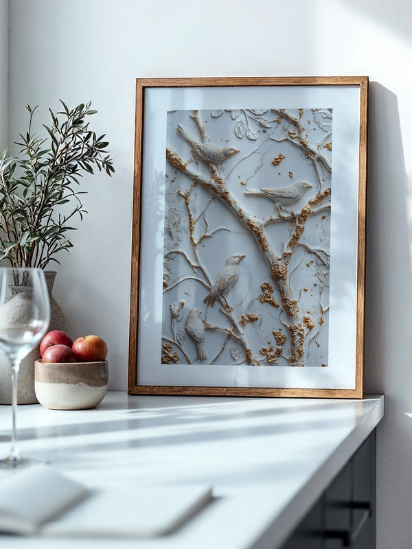 Vögel Äste Relief Goldakzente