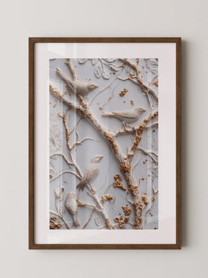 Vögel Äste Relief Goldakzente