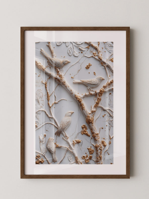 Vögel Äste Relief Goldakzente