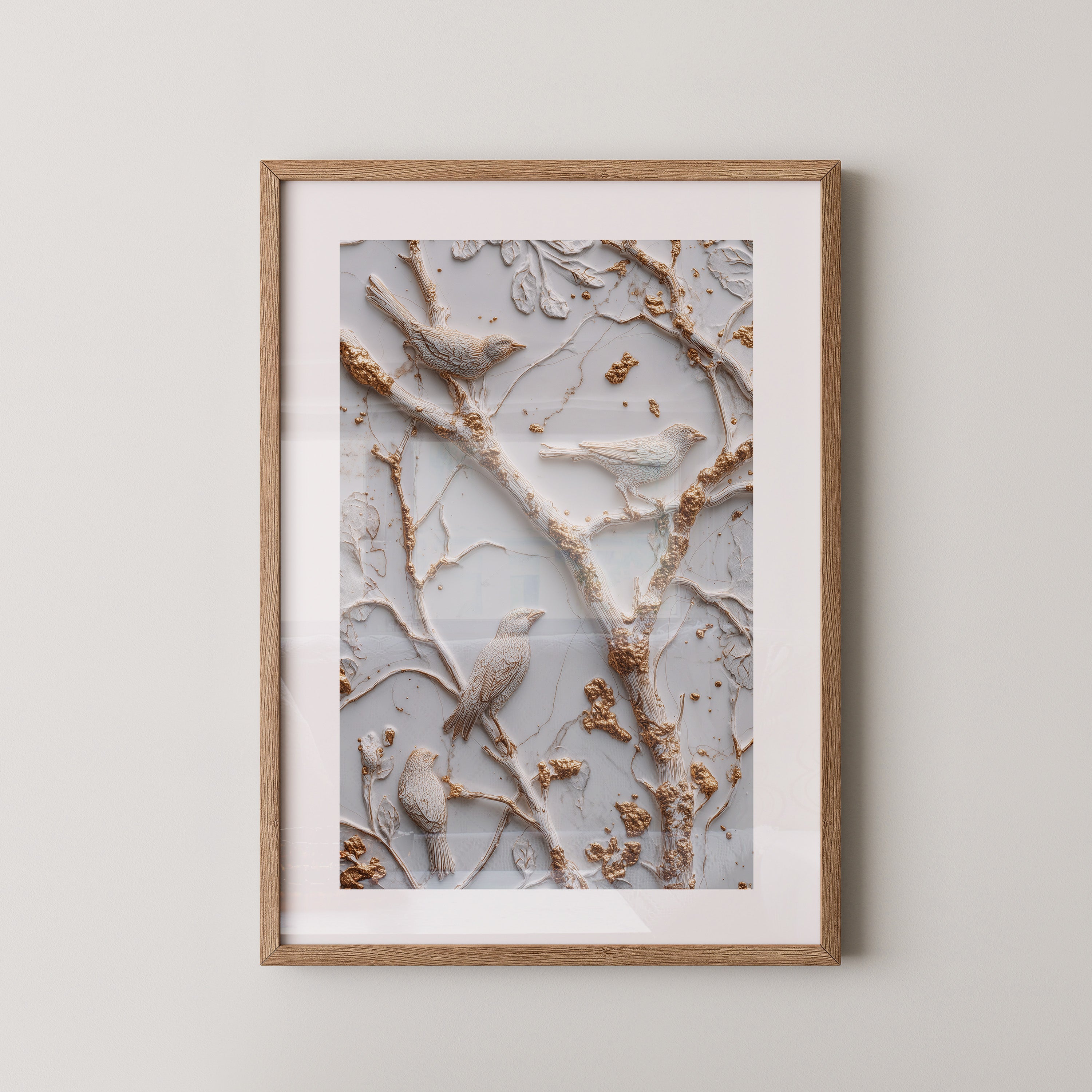 Vögel Äste Relief Goldakzente