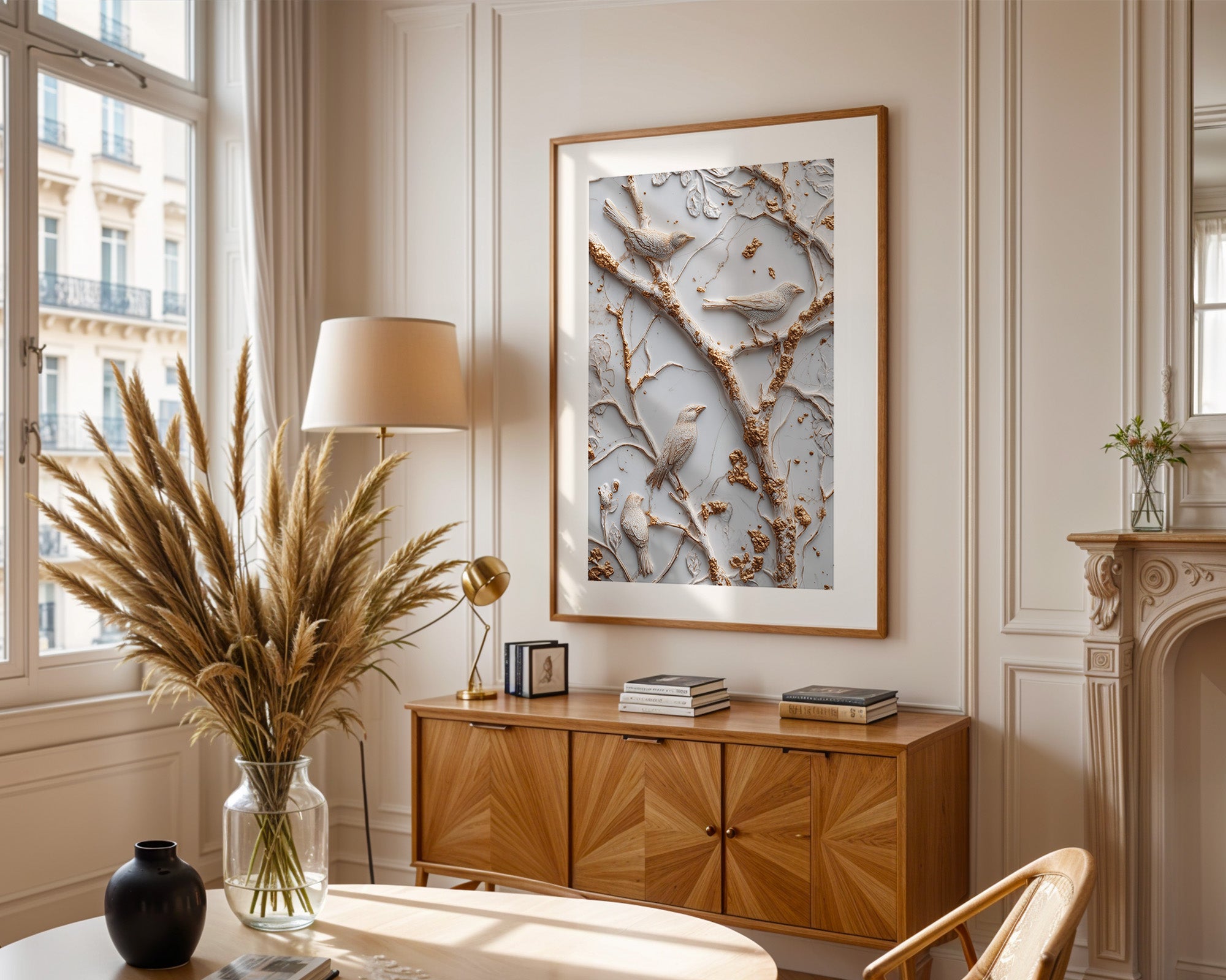 Vögel Äste Relief Goldakzente