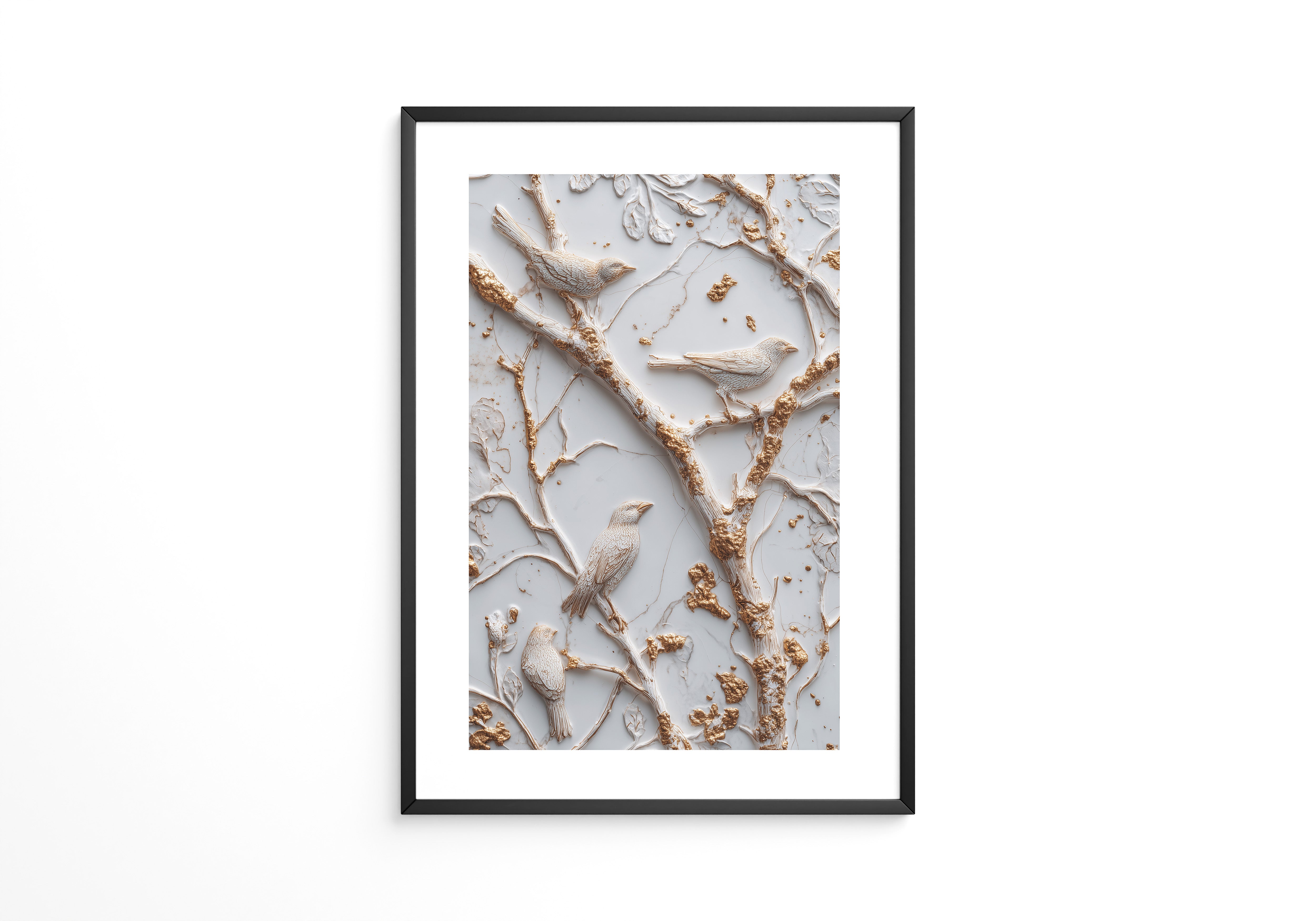 Vögel Äste Relief Goldakzente