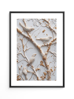Vögel Äste Relief Goldakzente