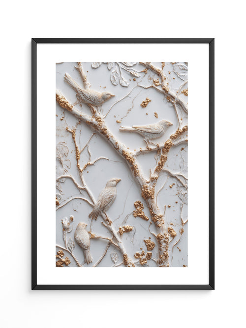 Vögel Äste Relief Goldakzente