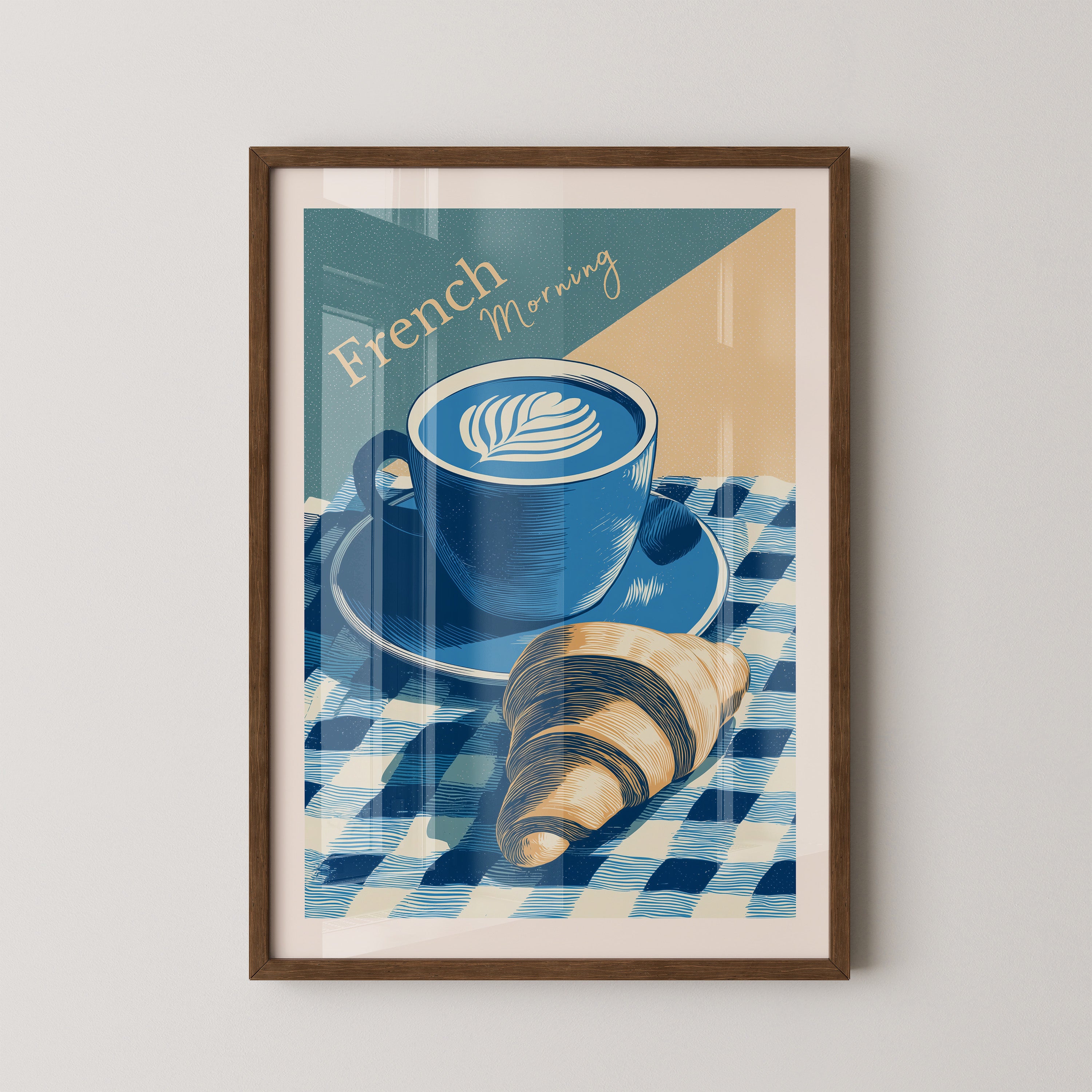 Kaffee Croissant Blau Retro