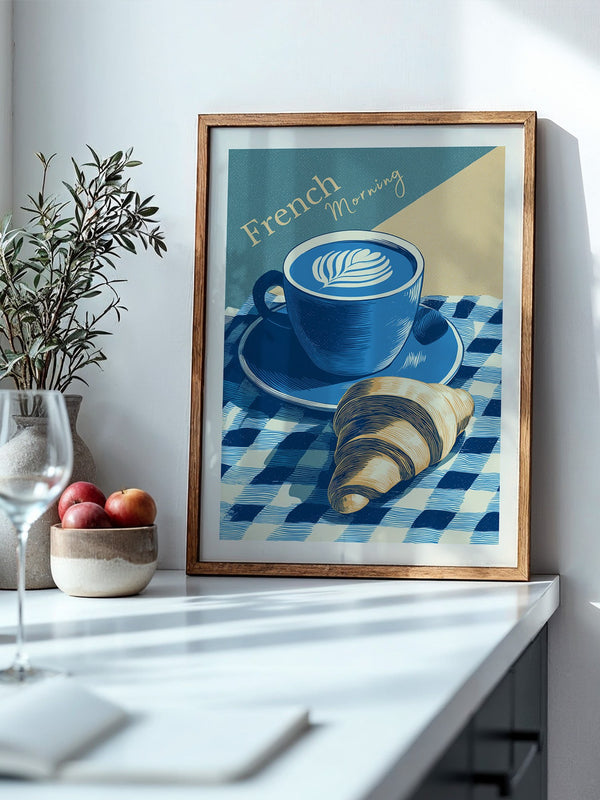 Kaffee Croissant Blau Retro