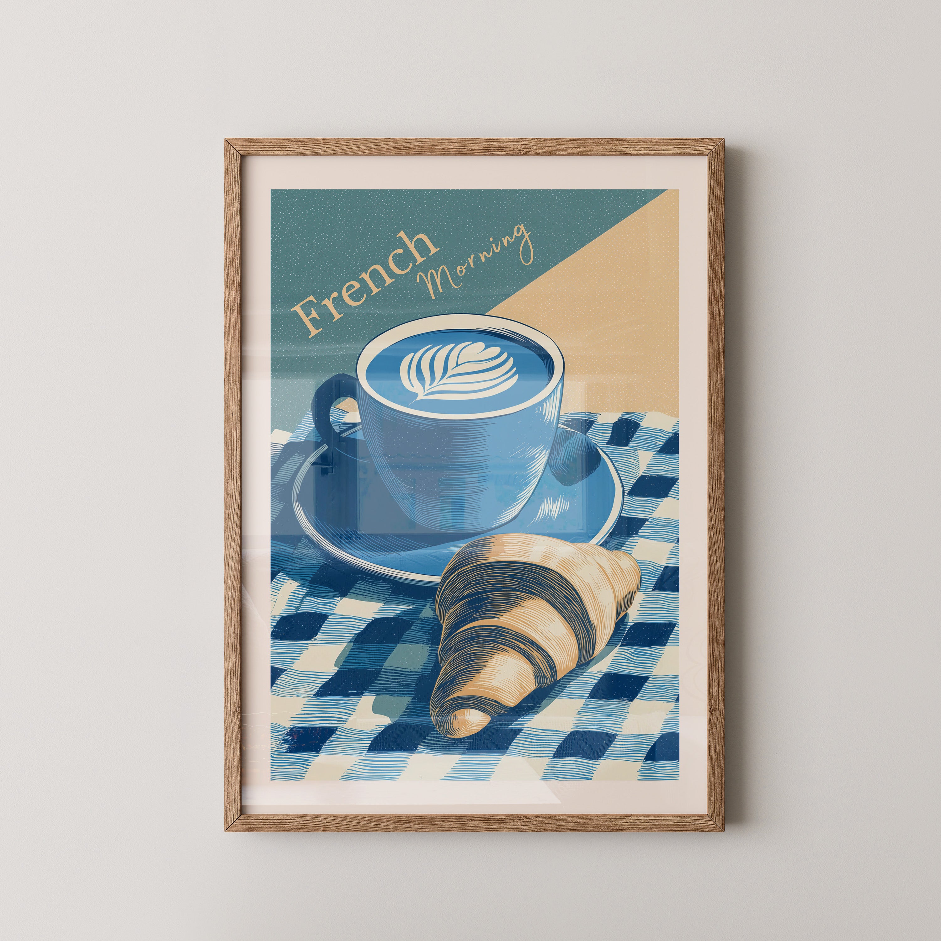 Kaffee Croissant Blau Retro