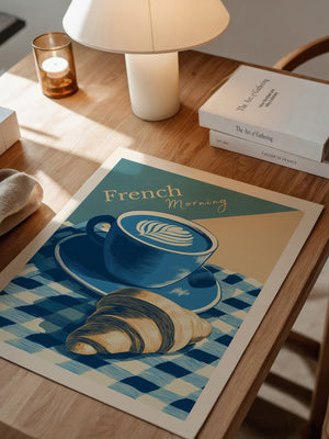Kaffee Croissant Blau Retro