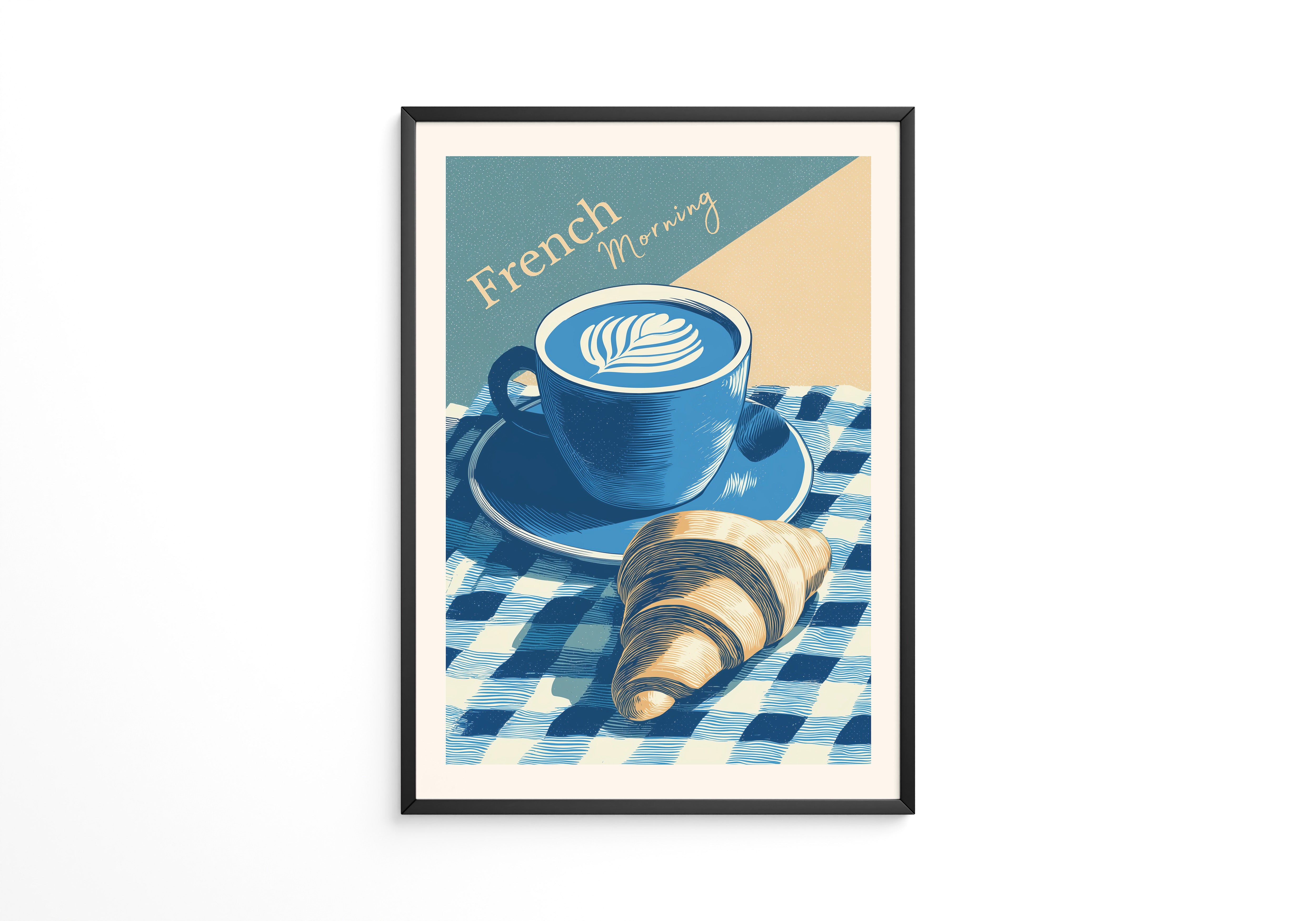 Kaffee Croissant Blau Retro