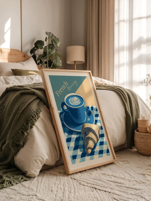 Kaffee Croissant Blau Retro