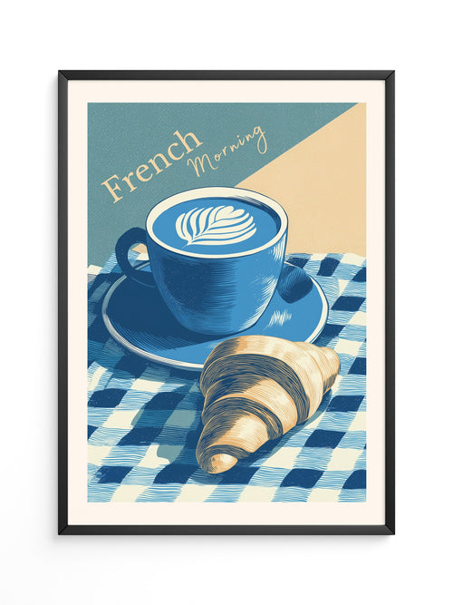 Kaffee Croissant Blau Retro